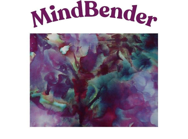 May include: A rectangular fabric swatch featuring an abstract watercolor-style pattern in shades of deep purple, magenta, teal, and blue. The word MindBender is printed in a dark purple, arched font above the colorful, blended design.