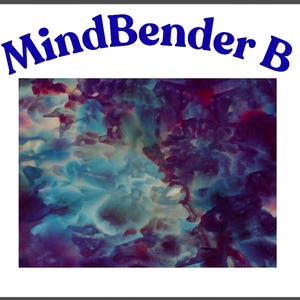 May include: A rectangular graphic featuring the text MindBender B in bold blue letters arched over an abstract pattern. The pattern displays a blend of deep purple, vibrant blue, and soft pink hues with swirling, cloud-like watercolor textures.