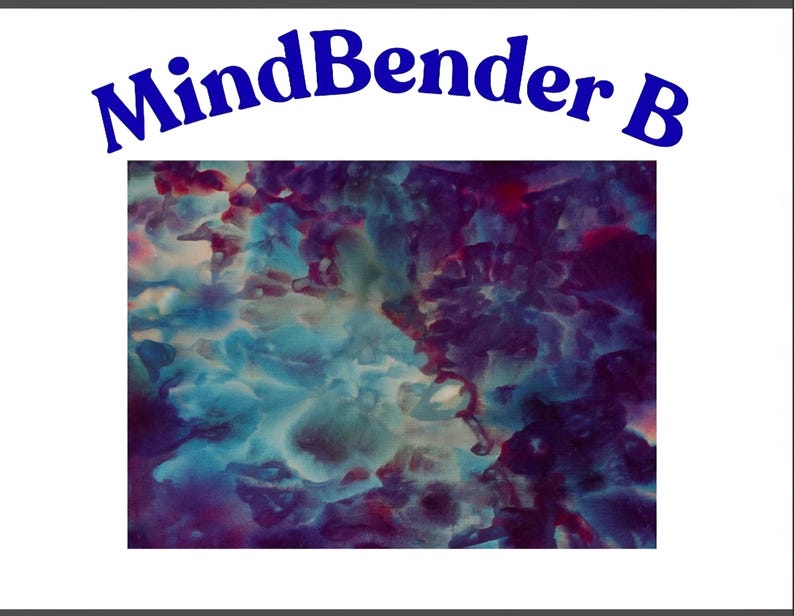 May include: A rectangular graphic featuring the text MindBender B in bold blue letters arched over an abstract pattern. The pattern displays a blend of deep purple, vibrant blue, and soft pink hues with swirling, cloud-like watercolor textures.