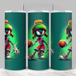 20oz Skinny Tumbler with Green Basketball Character Design – Stainless Steel Travel Mug