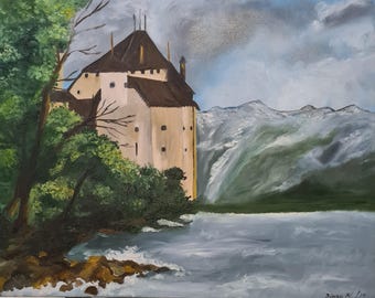 Castelo à Beira-Mar – Pintura a Óleo Original sobre Tela, 50 x 40 cm