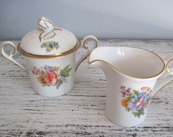 Vintage German A K Kaiser Porcelain Creamer and Sugar Bowl Set Floral and Gold Trim Accents Fine China Collectible