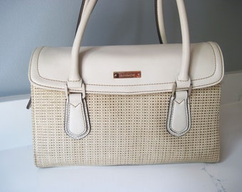 vintage sac à main cartable classique Liz Claiborne, sac à main texturé tissé métallique blanc cassé/crème et beige des années 1990