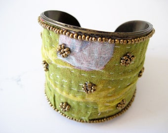 Vintage Kantha Cloth Wide Brass Cuff Bracelet with Brass Beads Embellished Indian Bohemian Jewelry