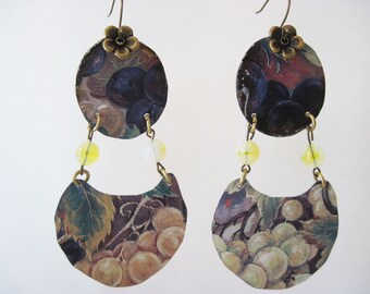 Vineyard Grapes Vintage Tin Earrings, Yellow Opals Gemstone Earrings, Upcycled Unique Artisan Made Earrings, Boho Earrings, Retro4U