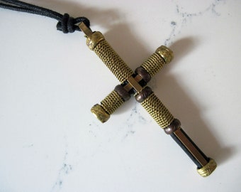 Vintage Wood Cross and Brass Wire Wrapped Handmade Pendant Necklace Minimalist Design