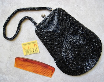 Vintage Black Beaded Special Occasion Handbag with Bonus Kennedy Center Concert Hall 1974 Ticket Stub Memorabilia