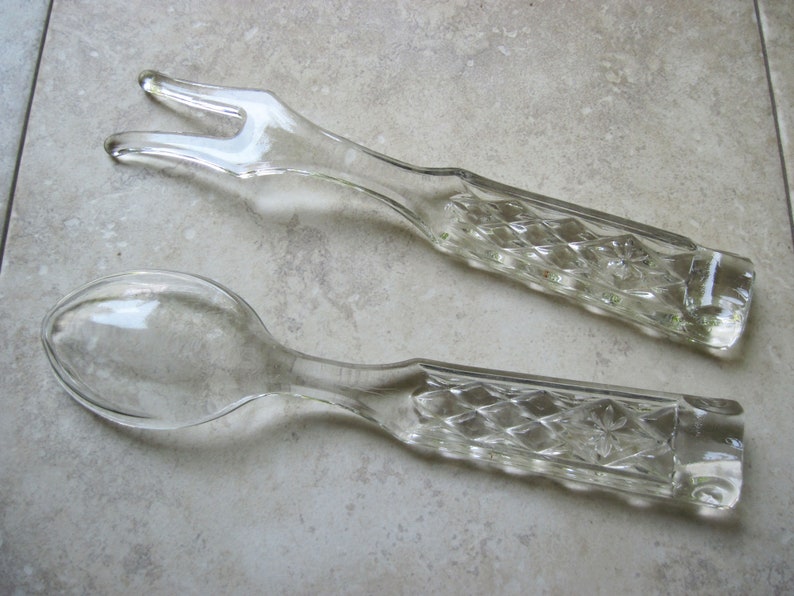 Vintage Glass Salad Serving Set Spoon and Fork Diamond and Etsy