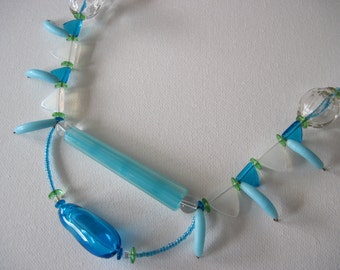 Vintage Artisan Made Hand Blown Glass 37" Long Beaded Necklace Turquoise Glass Beads Tribal Inspired Lightweight Too