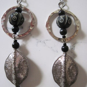 Rustic Tribal Earrings, Hammered Metal, Vintage Aged Engraved Tribal Shield Drops, Carved Beads and Wood Beads, Artisan Made by Retro4U image 2