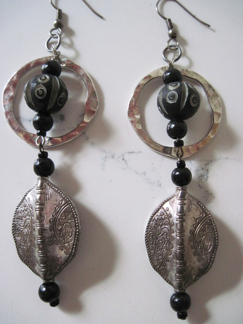 Rustic Tribal Earrings, Hammered Metal, Vintage Aged Engraved Tribal Shield Drops, Carved Beads and Wood Beads, Artisan Made by Retro4U image 2