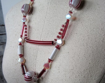 Vintage Artisan Made Hand Blown Glass Beaded Necklace Cranberry and White Pearlescent Glass 30" Long