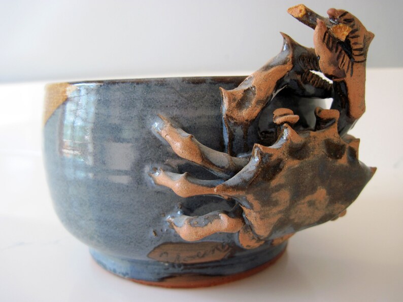 Vintage Blue Crab Ceramic Planter Wheel Thrown Stoneware Pottery with 3D Sculpted Crab Seaside Beach Decor image 2