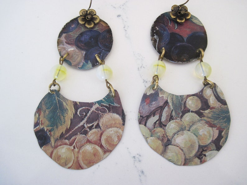 Vineyard Grapes Vintage Tin Earrings, Yellow Opals Gemstone Earrings, Upcycled Unique Artisan Made Earrings, Boho Earrings, Retro4U image 3