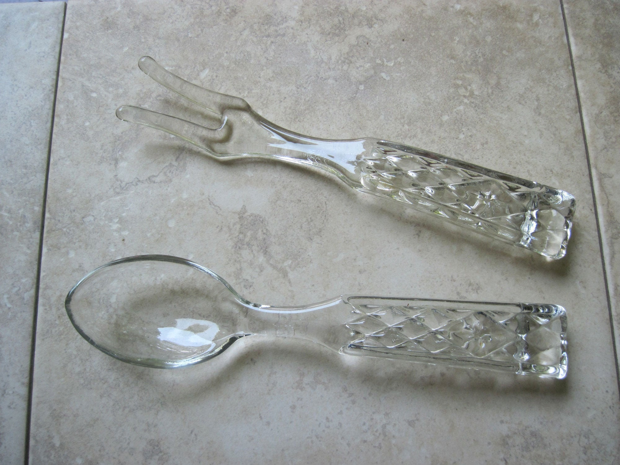 Vintage Glass Salad Serving Set Spoon and Fork Diamond and Etsy