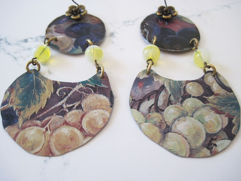 Vineyard Grapes Vintage Tin Earrings, Yellow Opals Gemstone Earrings, Upcycled Unique Artisan Made Earrings, Boho Earrings, Retro4U image 5