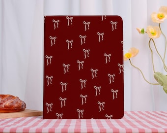 Burgundy Bow Fullprint iPad Protective Case with Pencil Holder iPad Air Case,iPad Pro Case and iPad Mini Cover iPad Pro 2025 13/11''iPad A16