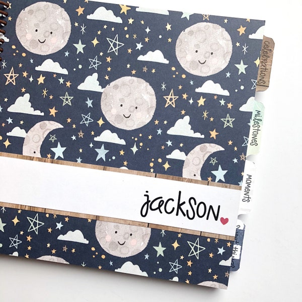 Baby book with navy blue star + moon celestial cover | Personalized gender-neutral baby book makes a great gift for a baby shower or new mom