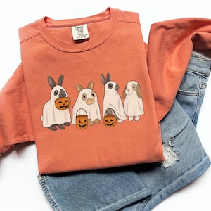 Felpa di Halloween con coniglio fantasma, maglietta con coniglietto fantasma, maglione con coniglio spettrale, maglietta con vibrazioni di Halloween, maglietta con stagione spettrale, B526