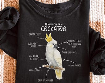 Camiseta de manga larga con la anatomía de una cacatúa, camiseta vintage de loro, regalo para amantes de las aves, L003