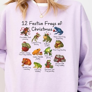 Grodjultröja, tolv festliga grodor illustration rund hals, rolig grodälskare julströja, B450