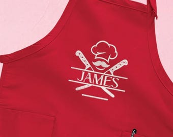Embroidered Custom Name Apron, Customized Apron, Kitchen Apron, Chef Hat's Cooking Apron, Chefs, Bakers, Baristas, Gardener, X001