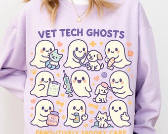 Sweat-shirt d'Halloween fantôme technique vétérinaire, chemise d'infirmière animal effrayante mignonne, col rond d'automne pour amoureux des animaux de compagnie, pull cadeau tech vétérinaire, B086