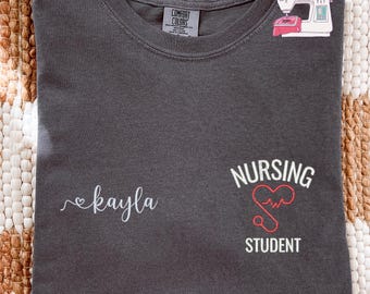 Nursing Student Embroidered T-Shirt, Custom Nursing School Gift Crewneck, E190