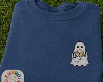 Halloween Vet Tech Embroidered Sweatshirt, Funny Ghost Holding Dog Animal Clinic Crewneck