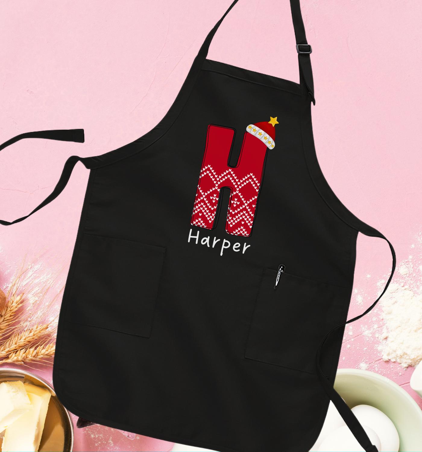カスタムクリスマスネームエプロン、モノグラムサンタハットTシャツ