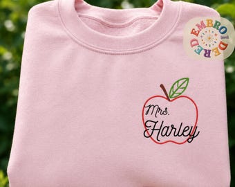 Custom Name Apple Embroidered Sweatshirt, Teacher Play Group Kids Crewneck