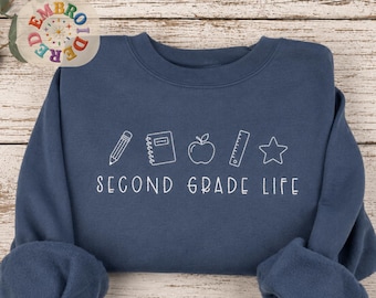 Embroidered Second Grade Life Teacher Sweatshirt, Back to School Crewneck, Kids and Teachers Icons Pullover