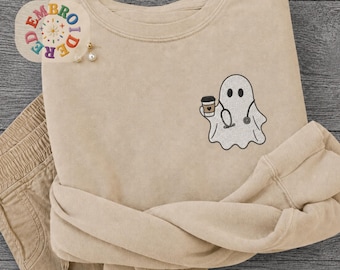 Embroidered Ghost Coffee Nurse Sweatshirt, Night Shift Nursing Crewneck Tee