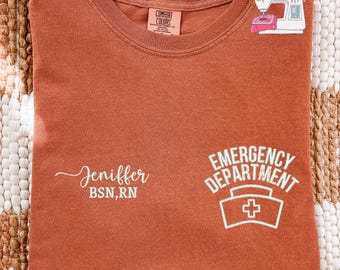 Emergency Department T-Shirt, Personalized ER BSN Nurse Shirt, Custom Name & Credentials Crewneck, E192