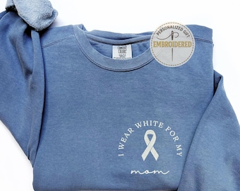 Customized Embroidered Lung Cancer Awareness Sweatshirt, White Ribbon Shirt,  E264