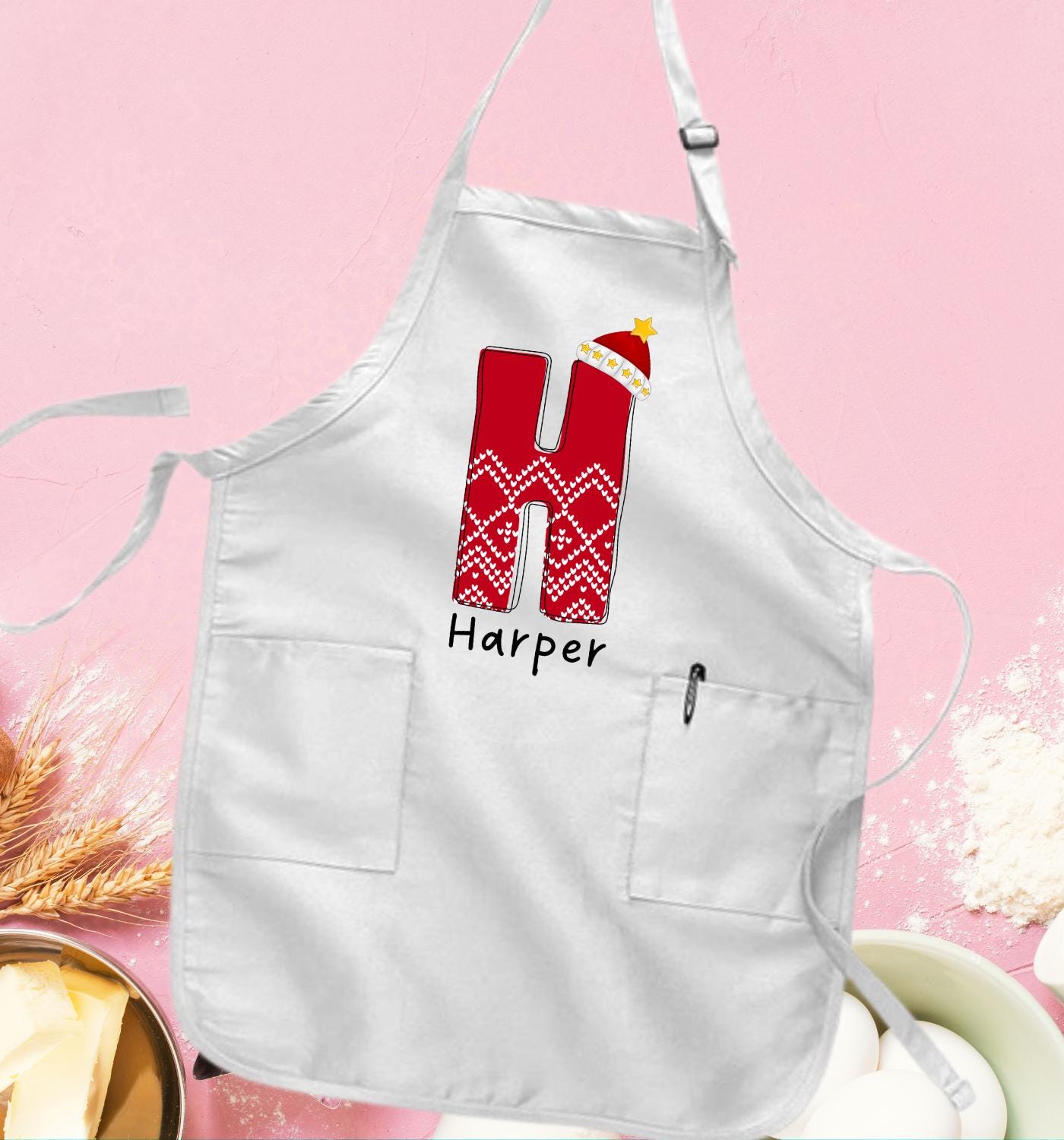 カスタムクリスマスネームエプロン、モノグラムサンタハットTシャツ
