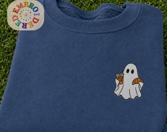 Funny Ghost with Coffee and Croissant Sweatshirt, Embroidered Bakers Shop Halloween Crewneck