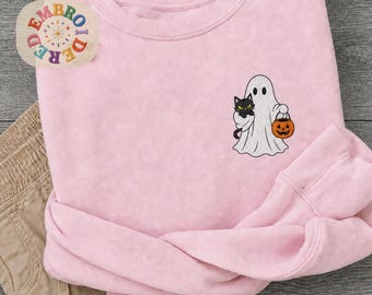 Embroidered Ghost with Black Cat Sweatshirt, Spooky Halloween Fall Season Crewneck