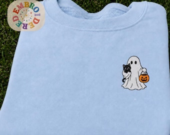 Spooky Halloween Ghost Sweatshirt, Funny Embroidered Black Cat Crewneck, Pumpkin Fall Season Pullover