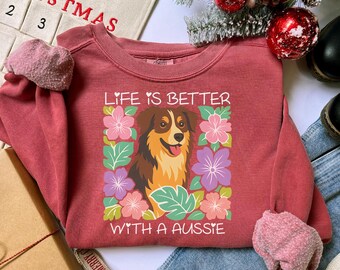 Felpa con stampa floreale Australian Shepherd, girocollo con stampa floreale australiana, maglione retrò per amanti dei cani, B429