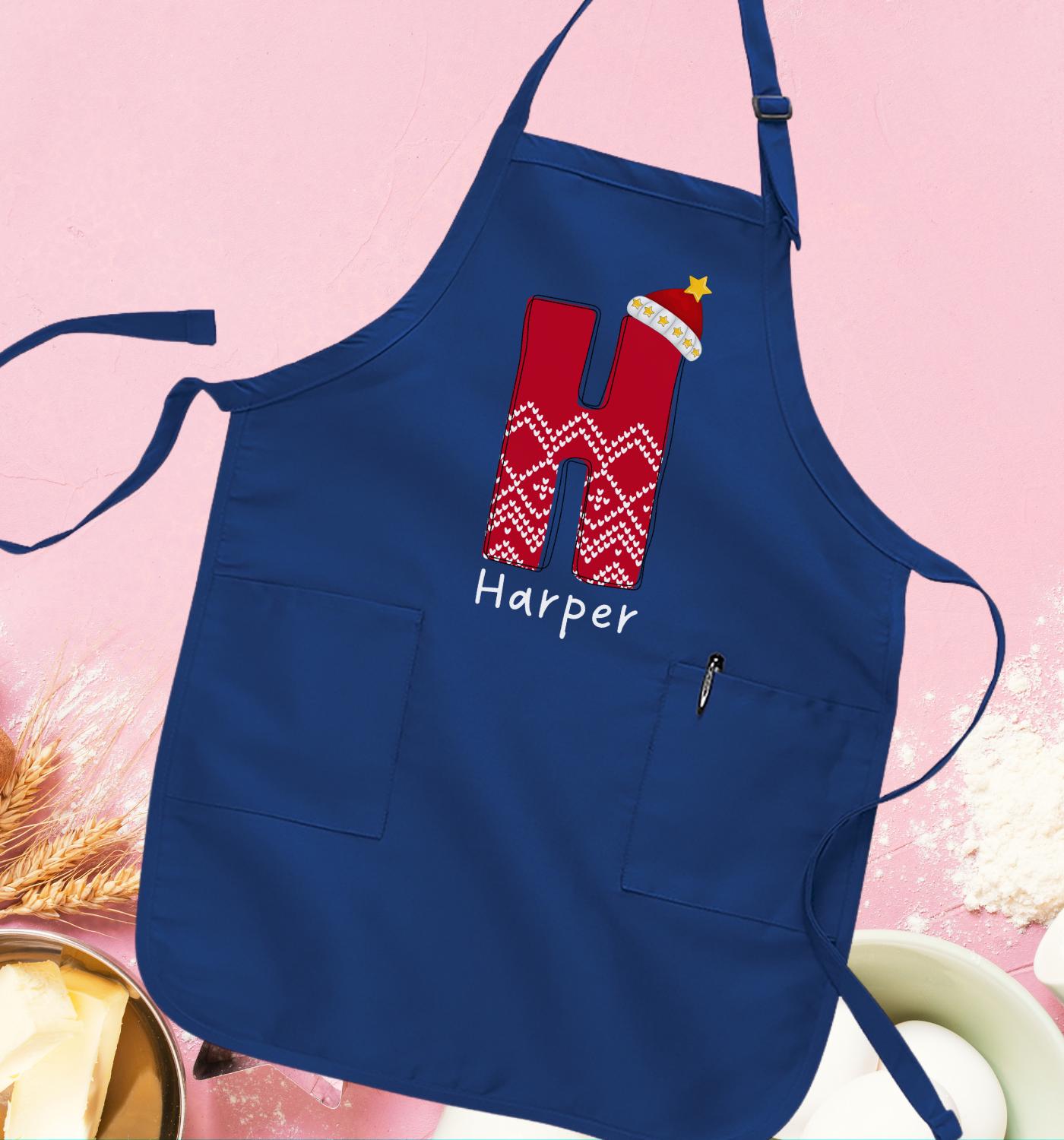 カスタムクリスマスネームエプロン、モノグラムサンタハットTシャツ