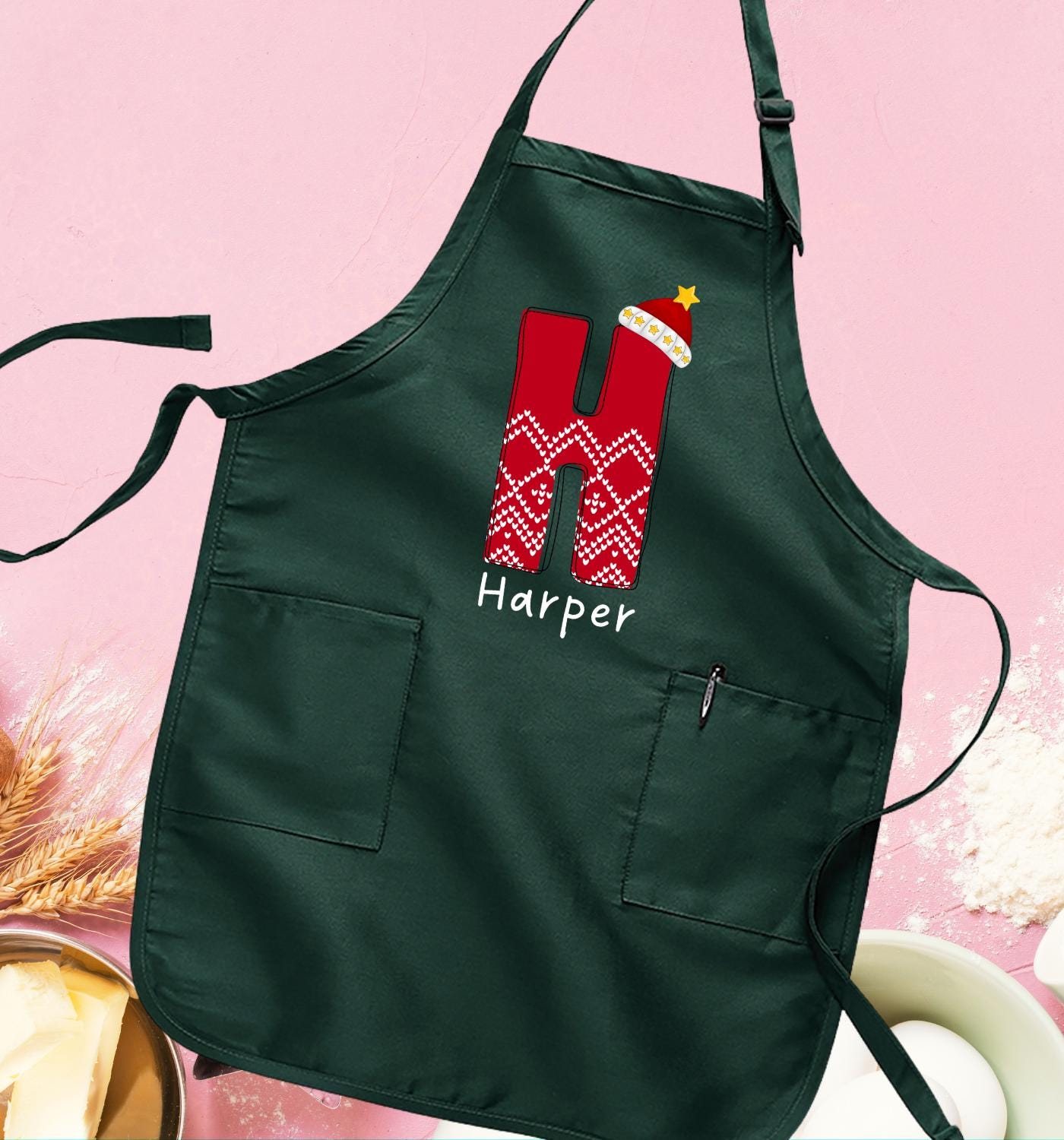 カスタムクリスマスネームエプロン、モノグラムサンタハットTシャツ