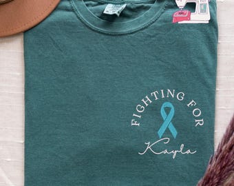 Custom Cervical Cancer Warrior Embroidered T-Shirt, Customized Cervical Cancer Ribbon T-Shirt Tee, E278