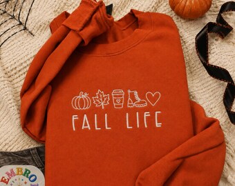 Embroidered Fall Life Icons Sweatshirt, Pumpkin Season Pullover, Autumn Leaf Crewneck