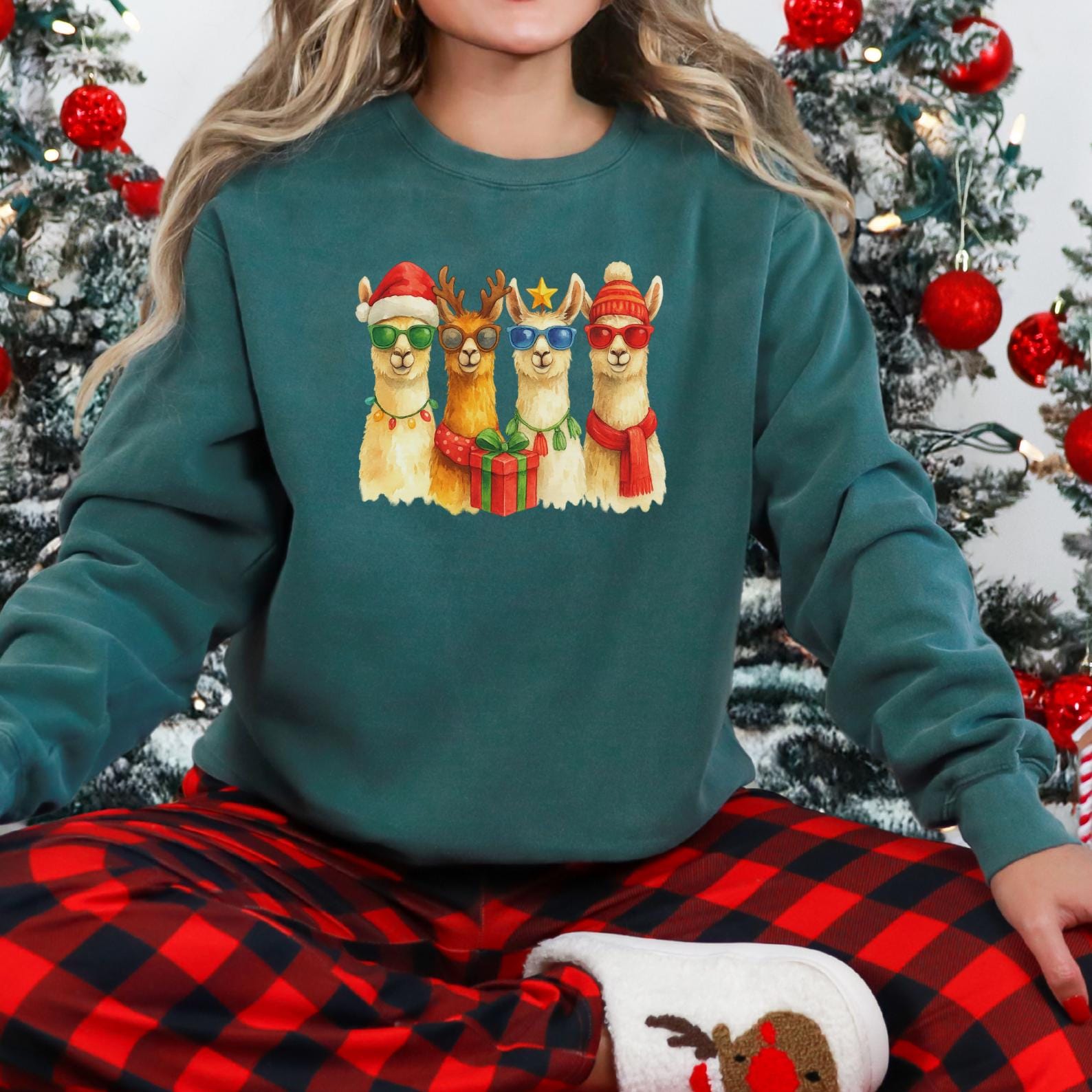 Christmas Llama Sweatshirt, Xmas Llama Squad Sweater with Sunglasses & Gift, Festive Llama Lovers Holiday Top, B448