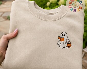 Embroidered Spooky Ghost Reading Sweatshirt, Halloween Librarian Sweater, Book Lovers Crewneck