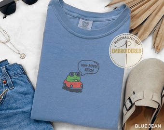 Frog Silly Embroidered Crewneck T-shirt, Funny Cottage Core Frog Lover Silly Gift, Beep Beep Frog Tee, Unique Frog Silly Tee, E013