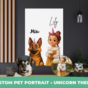 Custom Pet & Child Unicorn Portrait – Pixar Style Portrait - Wall Art for Kids Room Decor - Animated Style Portraits - Draw Pixar From Photo