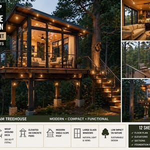 May include: A modern treehouse studio cabin plan set. The cabin is 13' x 13' with a 168 sq ft footprint and a wrap-around deck. Features include large glass windows, a single-slope roof, and elevated design. Includes 12 detailed sheets.
