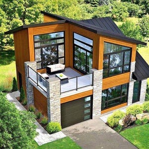 May include: Modern two-story house with a brown wood exterior, black roof, and large windows. The house features a balcony with a glass railing and a small seating area. A garage door is visible on the ground floor. Landscaping includes green grass and trees.